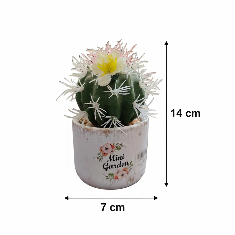 نبتة كاكتوس اصطناعي بزهرة صفراء — أصيص Mini Garden — 14×7 سم