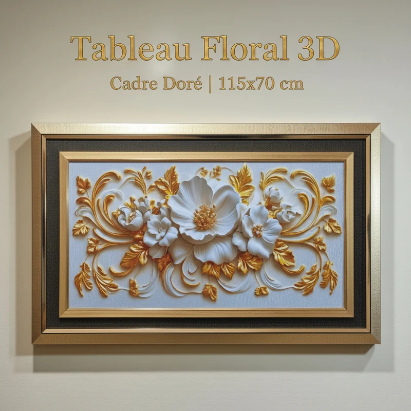 لوحة فنية بارزة بأزهار بيضاء وذهبية وإطار ذهبي (115x70 سم).