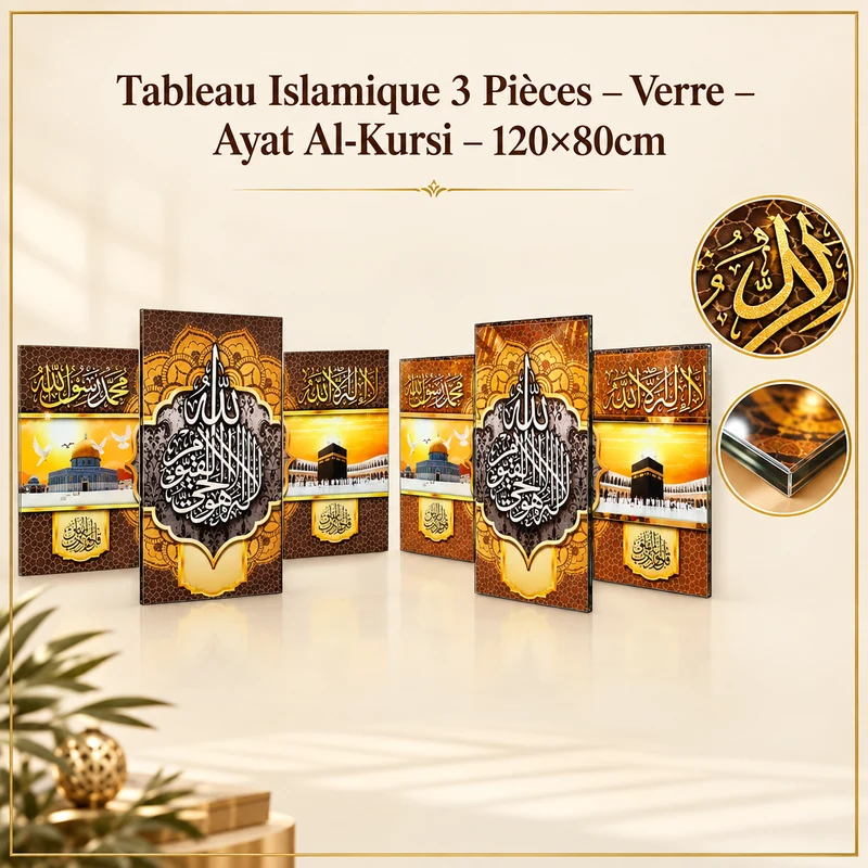 لوحة إسلامية – 3 قطع زجاج – آية الكرسي فاخر – 120×80 سم