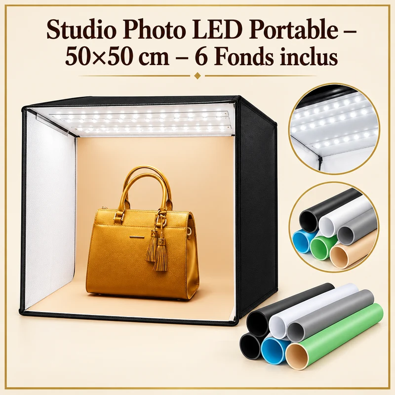 استوديو تصوير محمول LED — 50×50 سم — 6 خلفيات PVC — إضاءة احترافية