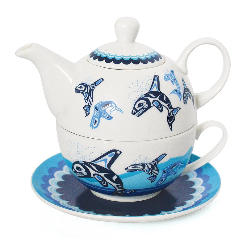 Tea for 1 set, "Orca Family" by Indigenous Artist Paul Windsor - mug, teapot and saucer all in one!
