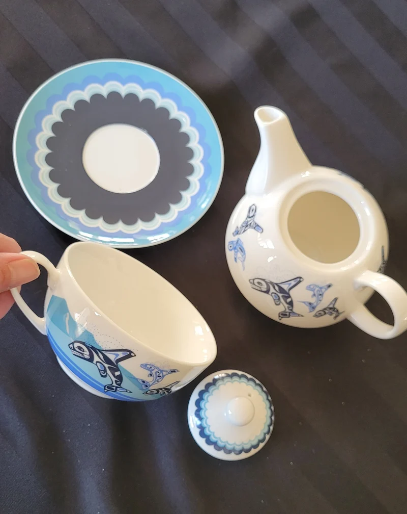 Tea for 1 set, "Orca Family" by Indigenous Artist Paul Windsor - mug, teapot and saucer all in one!