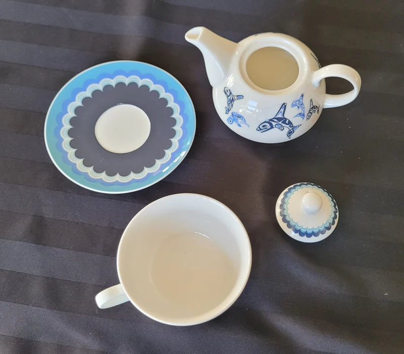 Tea for 1 set, "Orca Family" by Indigenous Artist Paul Windsor - mug, teapot and saucer all in one!
