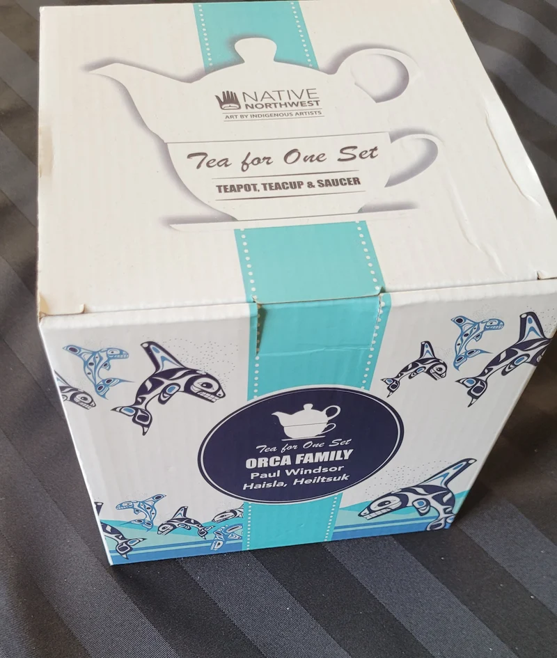 Tea for 1 set, "Orca Family" by Indigenous Artist Paul Windsor - mug, teapot and saucer all in one!
