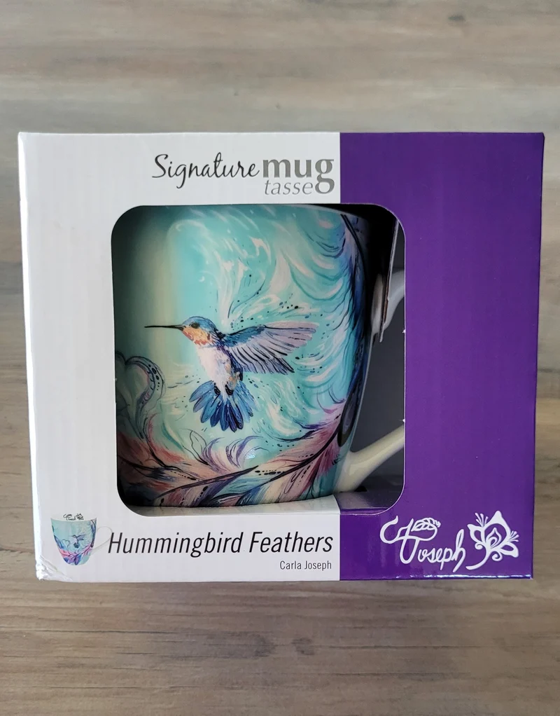 "Hummingbird Feathers" Mug by Métis artist, Carla Joseph