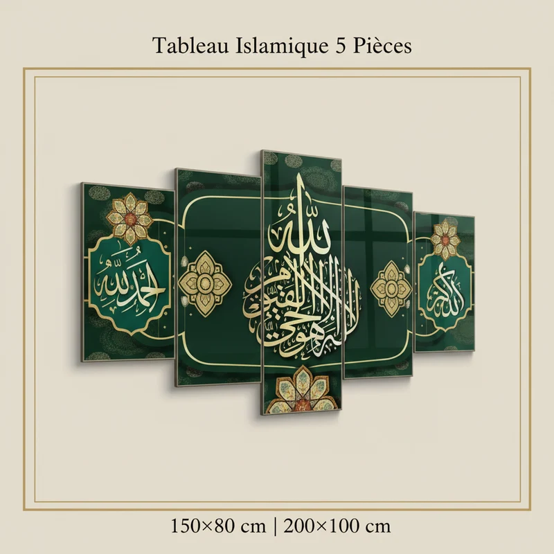 لوحة جدارية إسلامية بخط الثلث – تصميم أخضر مزخرف فاخر (5 قطع)