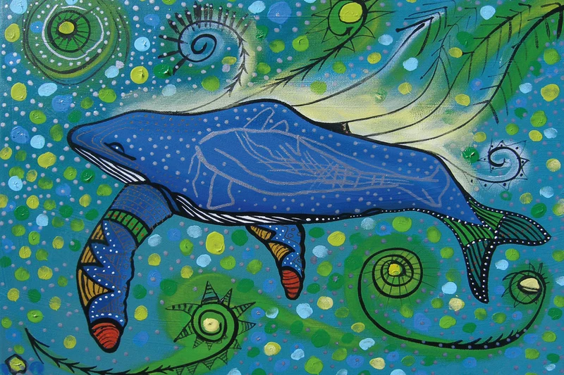 Humpback Swimming with Yellow Bubbles by Indigenous Artist Alan Syliboy