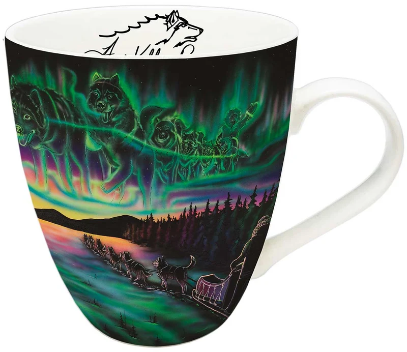 "Sky Dance - Traditional Pathways" 18 oz Mug (dog sled team) - Aurora / Northern Lights